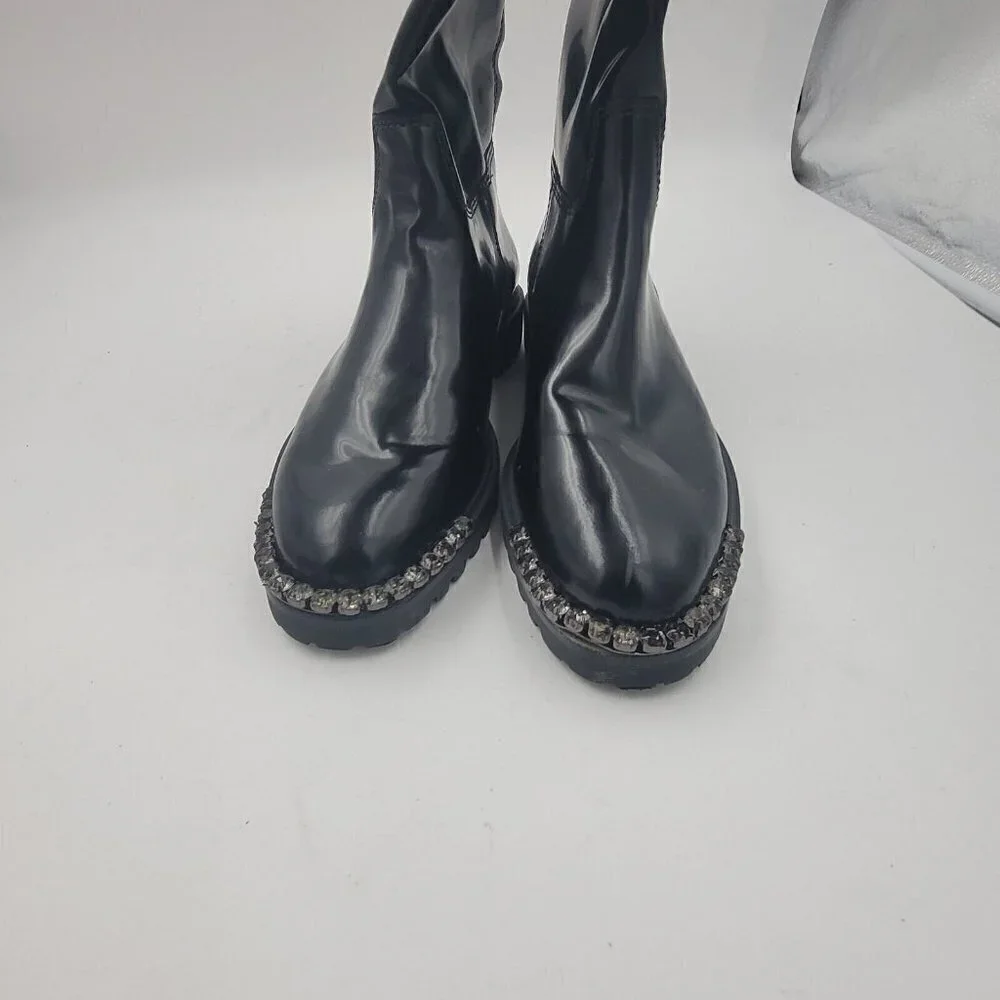 NEW Schutz Cianna Embellished Toe Black Polished Leather Riding Boots Size 6.5B